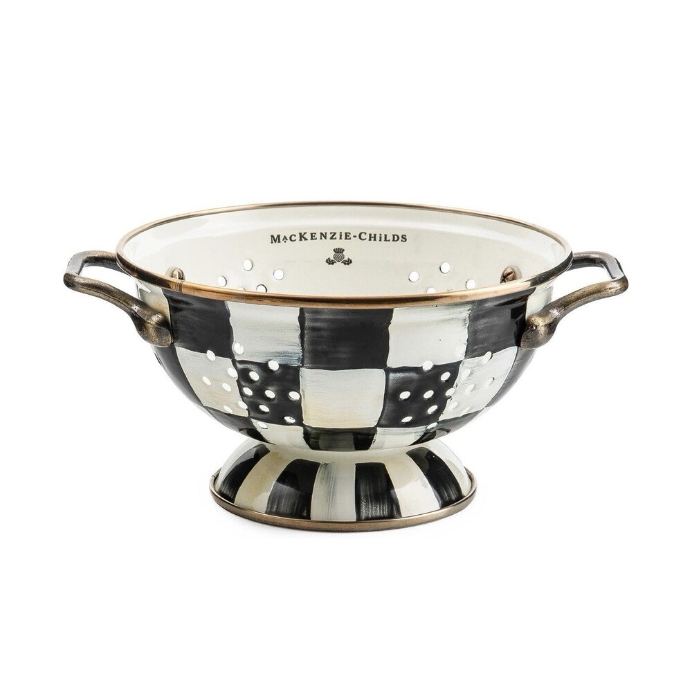 MacKenzie-Childs Courtly Check Small Enamel Colander 6.25” 1 Qt Black White